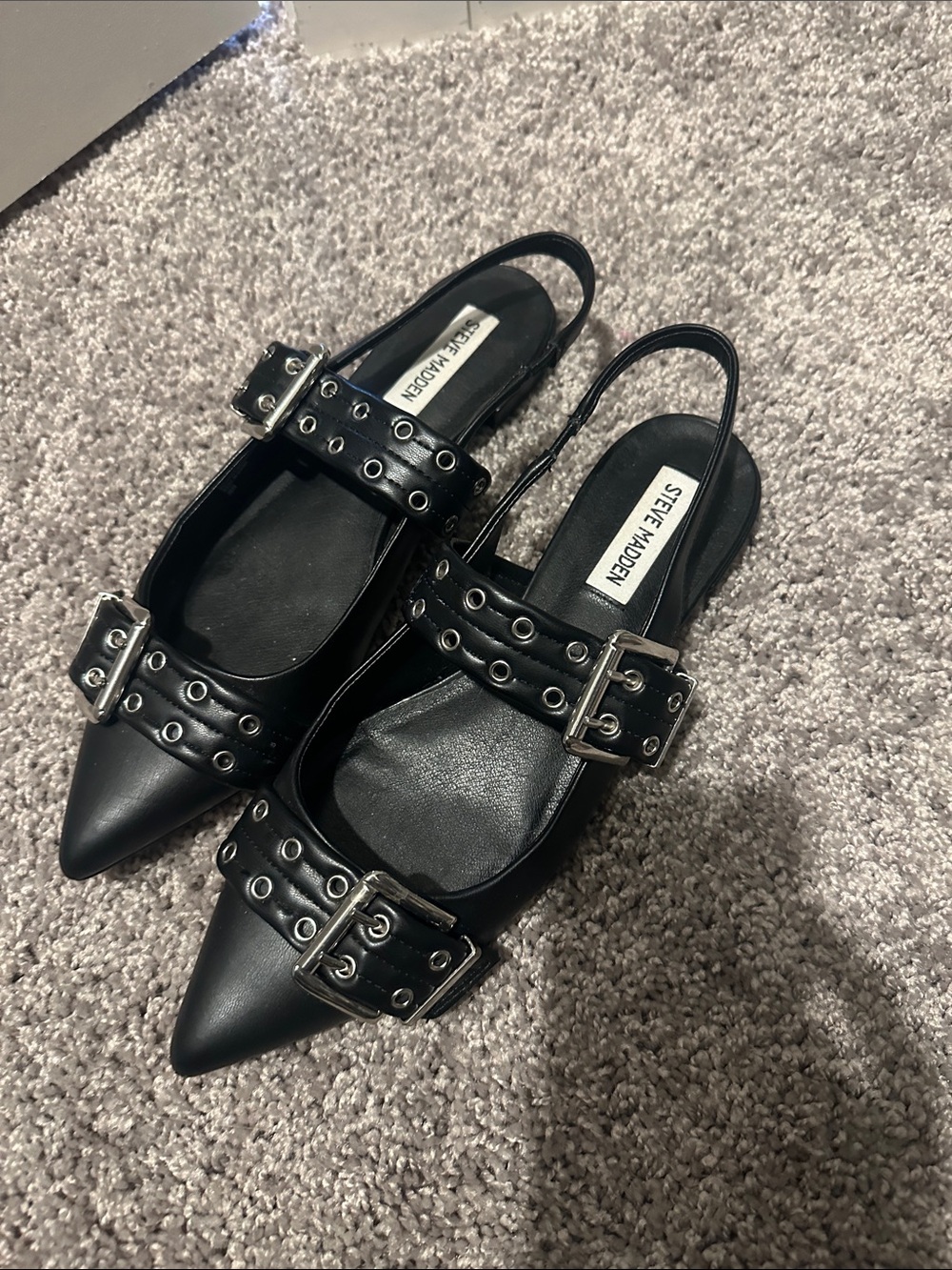 Steve Madden Black Pointed Slingback Flats with Buckle Straps